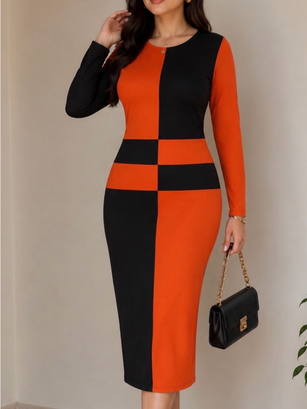 Women's Orange and Black Colorblock Long Sleeve Dress